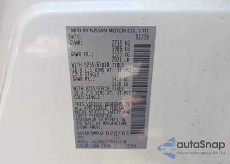 2016 Nissan Pathfinder Platinum/S/Sl/Sv из США, поврежденный, VIN 5N1AR2MMXGC620765